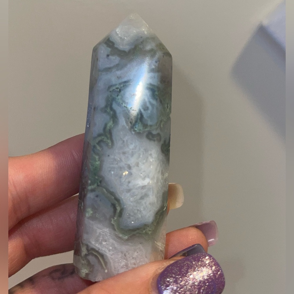 Green Moss Agate in Quartz Crystal Glistening Tower & Mountain SET 🤍